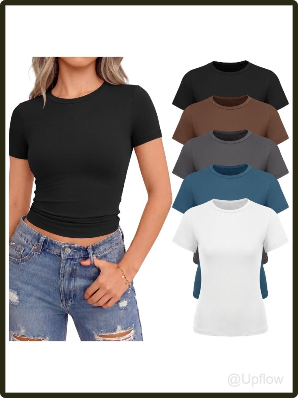 Women's Slim Fit Crop Tops Short Sleeve Crew Neck T-Shirts 5 Pack Casual